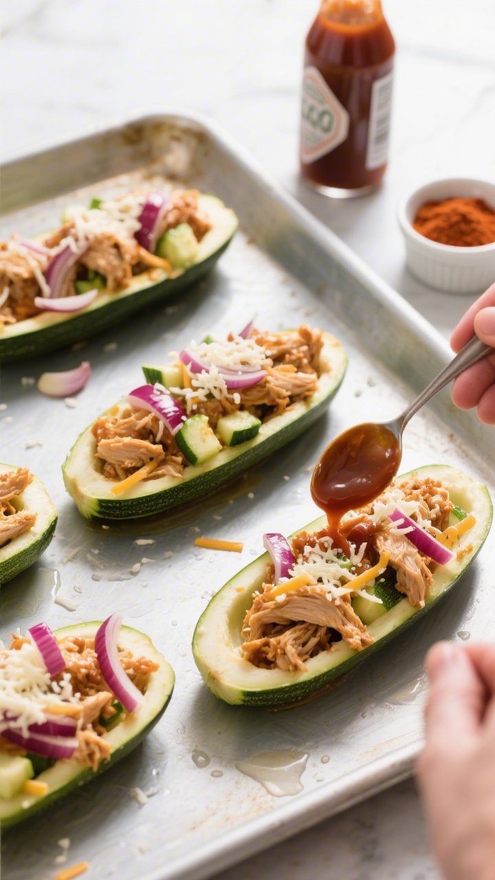 Cooking process: Overhead shot of zucchini boats on a preheated, lightly oiled baking sheet being ge