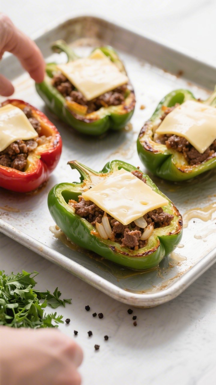 Cooking process: Par-baked bell pepper halves being stuffed on a sheet panβvibrant green and red p