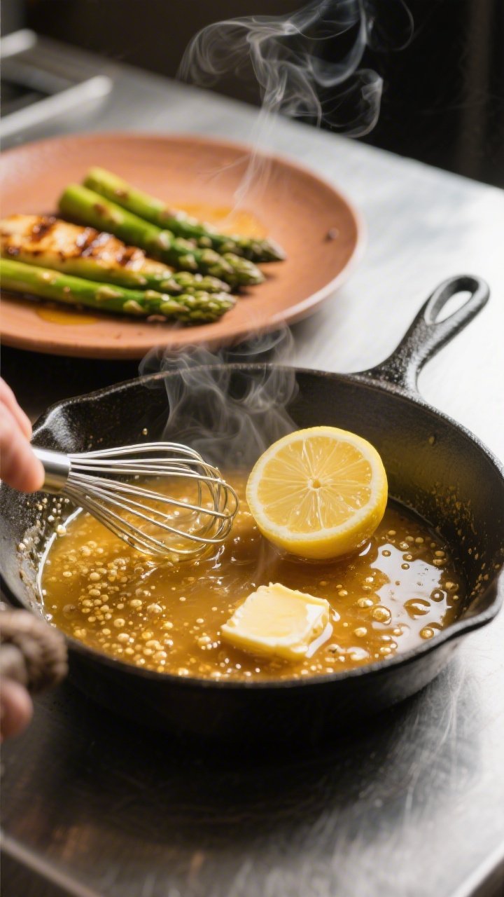 Cooking process: Quick pan sauce being finished in a small skillet with the sheet-pan drippings—bu