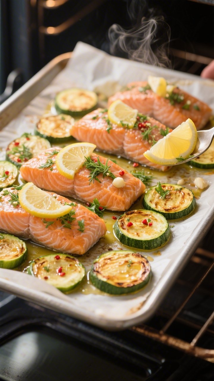Cooking process — salmon and zucchini roasting: Sheet pan in a 400°F oven just after adding salmo