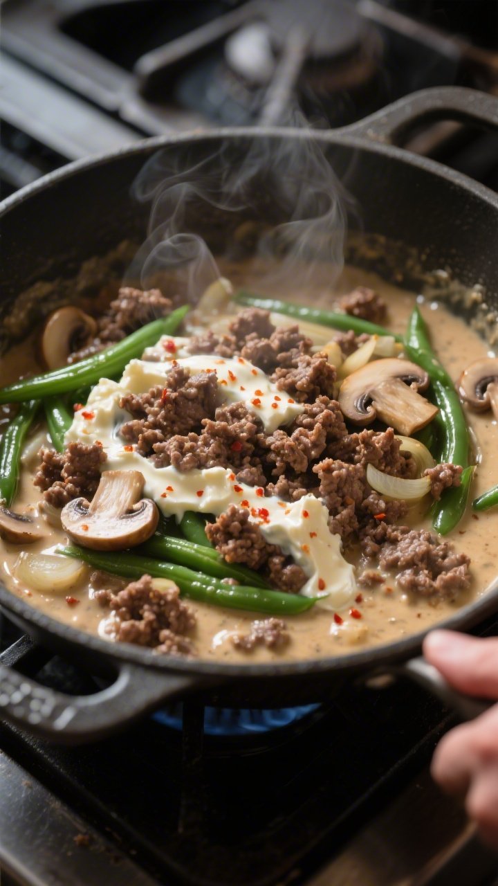 Cooking process — Sauté and sauce build: A moody, close-up shot of browned ground beef being fold