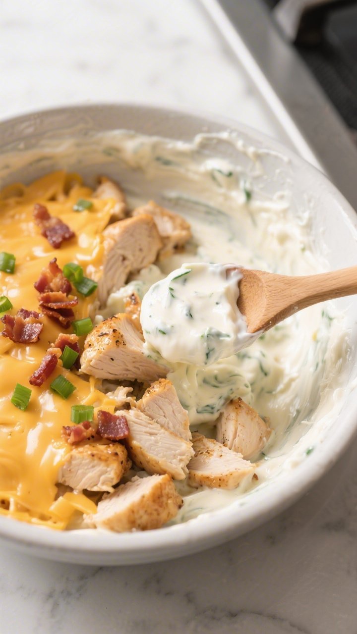 Cooking process: Sautéed chicken pieces being folded into a silky cream cheese–heavy cream–ranc