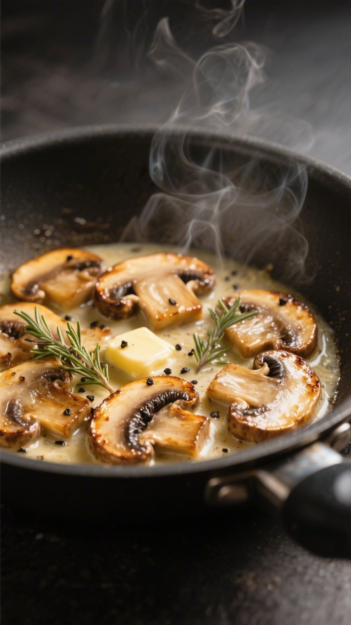 Cooking process — Sautéed mushrooms for Keto Alfredo: Close-up of golden-browned cremini mushroom