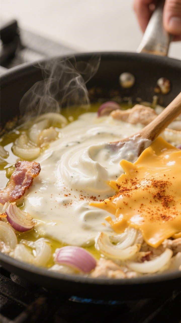 Cooking process: Sautéed onion and garlic in a skillet with reserved bacon fat and olive oil, then