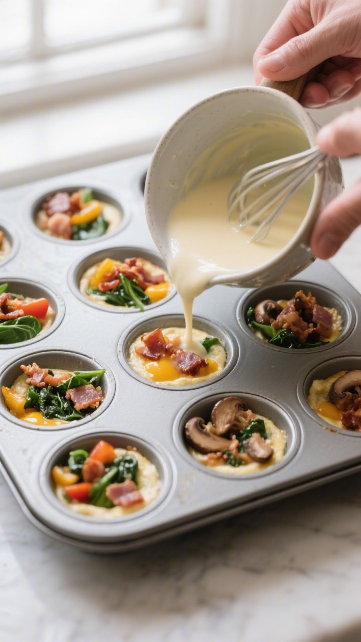 Cooking process: Sautéed veggie and meat add-ins being portioned into a greased 12-cup muffin tin, 