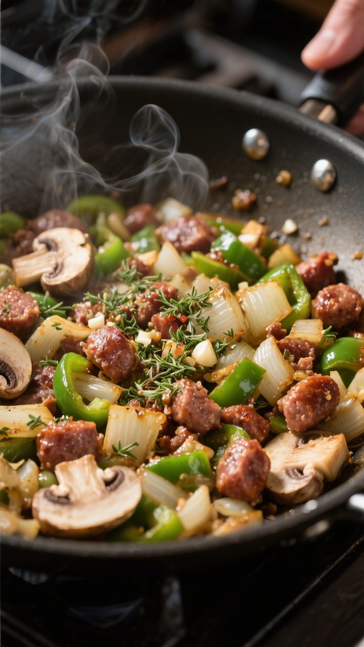Cooking process: Sautéed veggie-and-sausage base being finished in a skillet—mushrooms and green