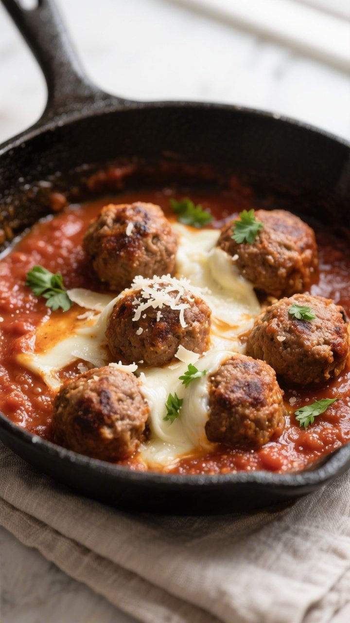 Cooking process: Sear-then-simmer method in action—meatballs nestled in a skillet of low-sugar mar