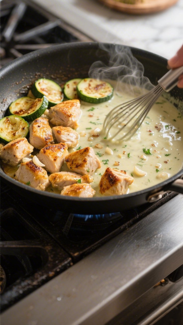 Cooking process — Searing and sauce-building: Golden-browned bite-size chicken pieces nestled in a