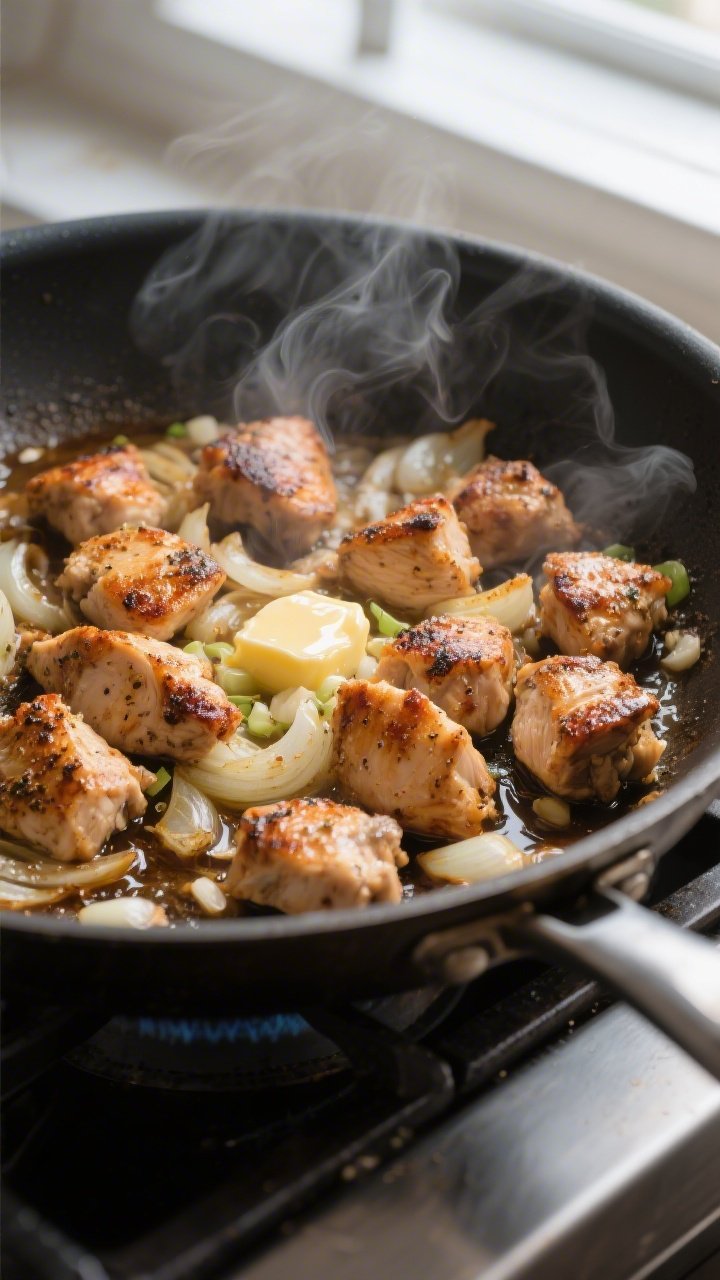 Cooking process: Searing seasoned chicken bites in a large skillet until deeply browned and juicy, p