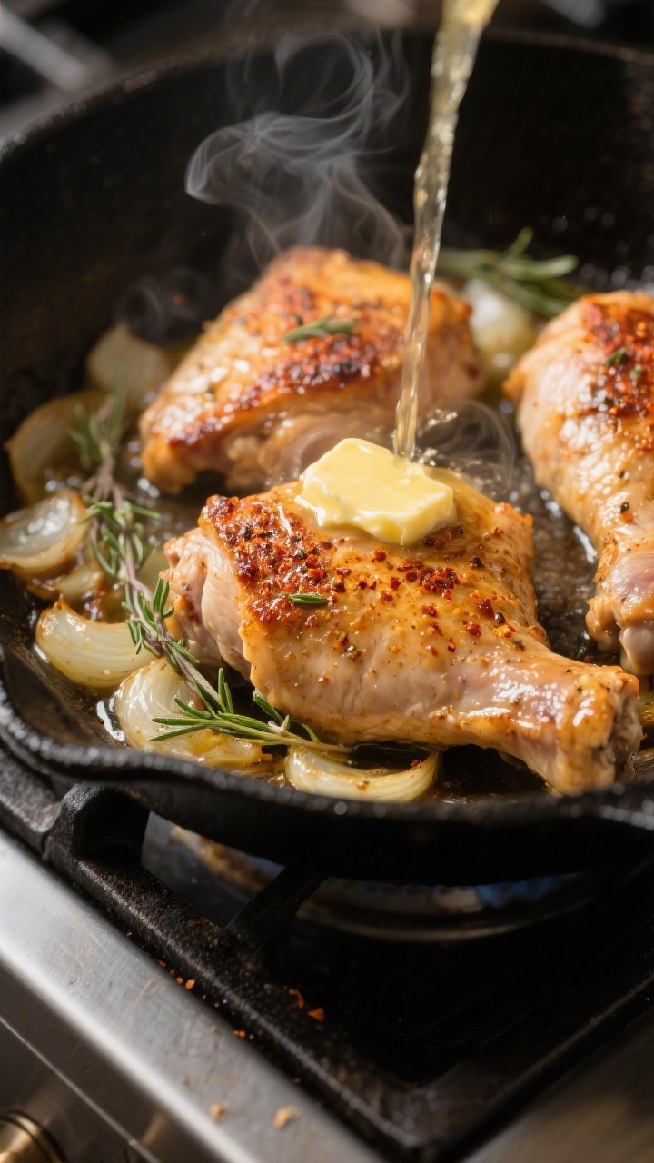Cooking process: Searing seasoned chicken thigh pieces in a deep, matte-black skillet, golden-browne