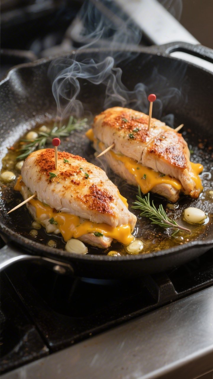 Cooking process: Searing stage in an oven-safe skillet—two cheddar-stuffed chicken breasts mid-sea