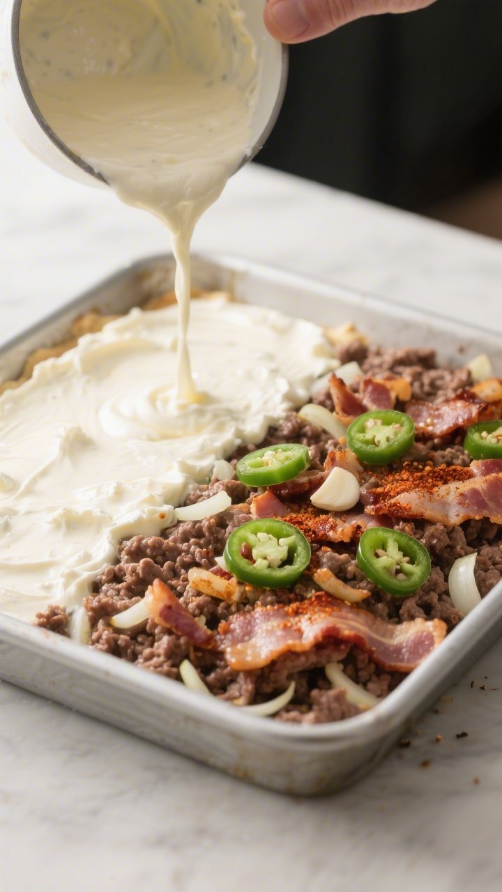 Cooking process: Seasoned ground beef with sautéed onions, garlic, smoked paprika, and cumin being