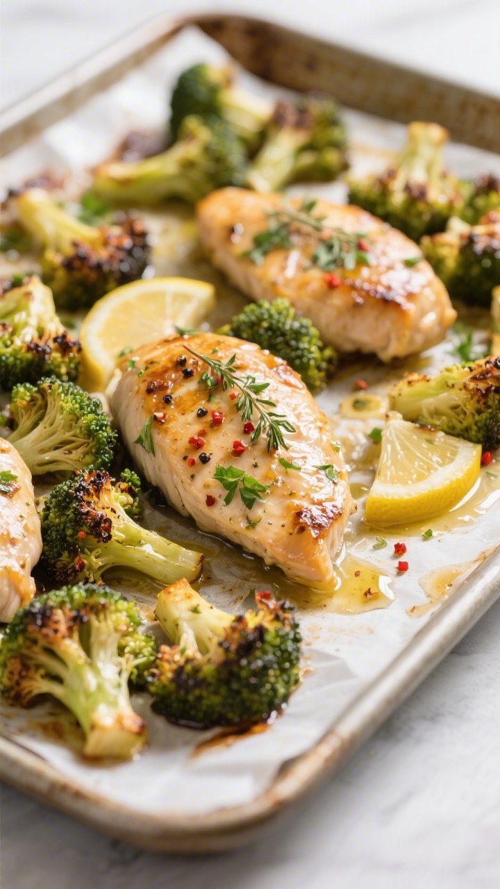 Cooking process, sheet-pan action: Juicy lemon-herb marinated chicken breasts nestled among broccoli