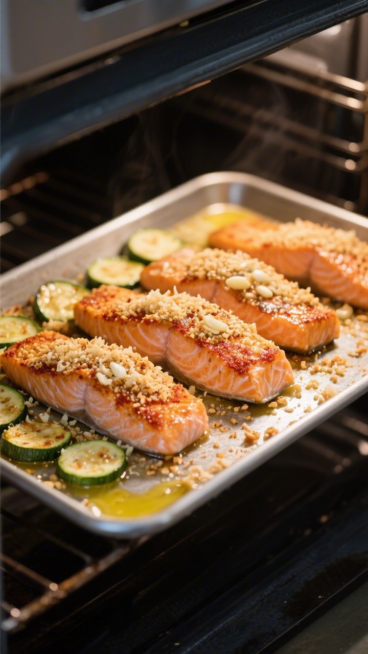 Cooking process: Sheet-pan scene in the oven during the final minute of broil—salmon fillets with 