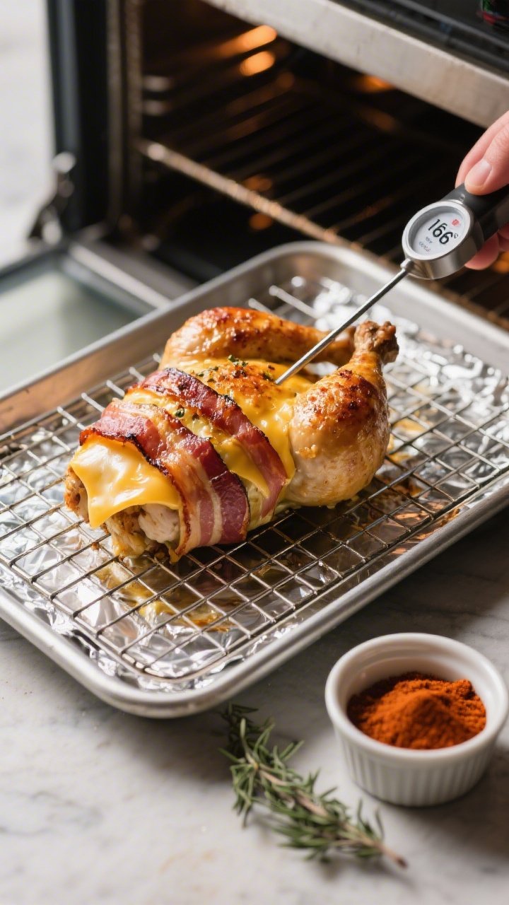 Cooking process shot: Bacon-wrapped, cheese-stuffed chicken on a wire rack over a foil-lined sheet p