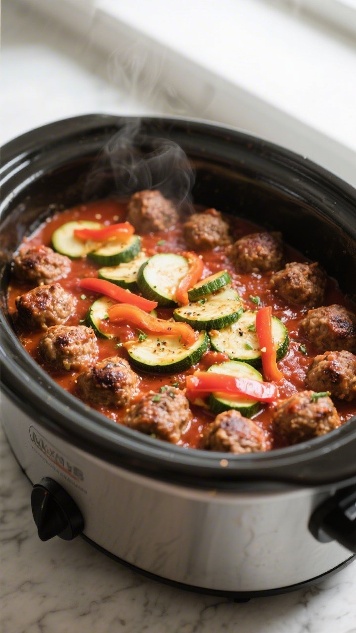 Cooking process shot: Meatballs nestled in a single snug layer inside the slow cooker after optional