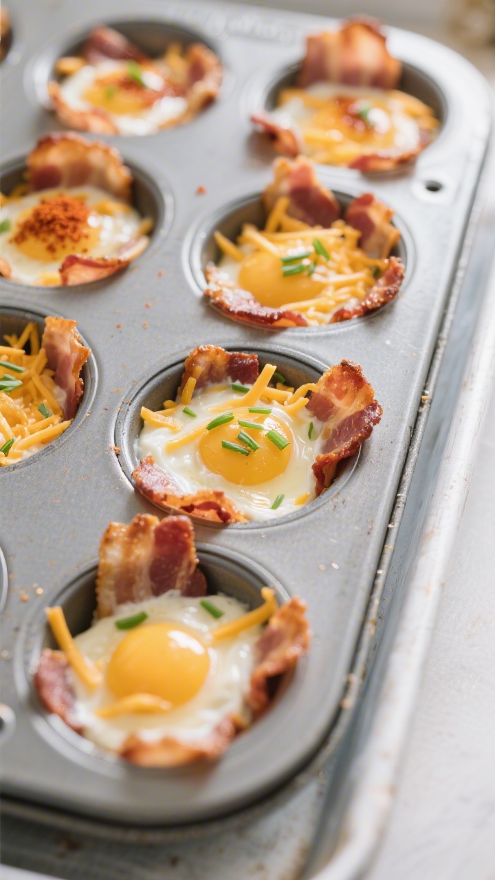 Cooking process shot: Overhead image of a muffin tin lined with par-cooked bacon slices shaped into