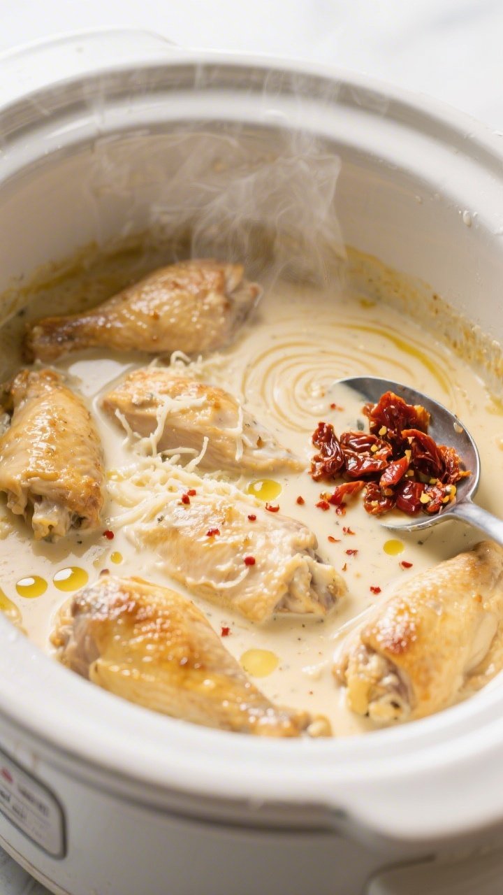 Cooking process shot: Overhead view inside a slow cooker near the end of cooking—golden, fully coo