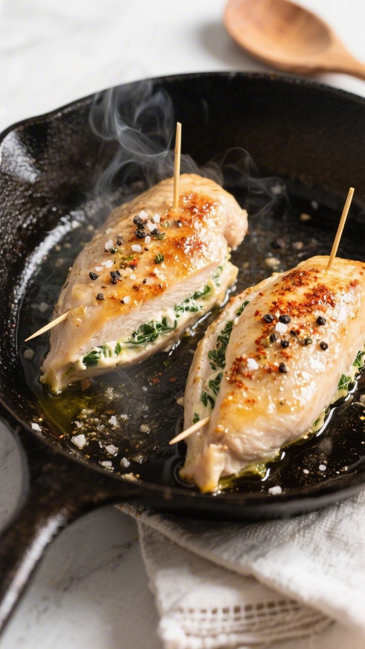 Cooking process shot: Overhead view of stuffed chicken breasts searing in a cast-iron skillet, edges