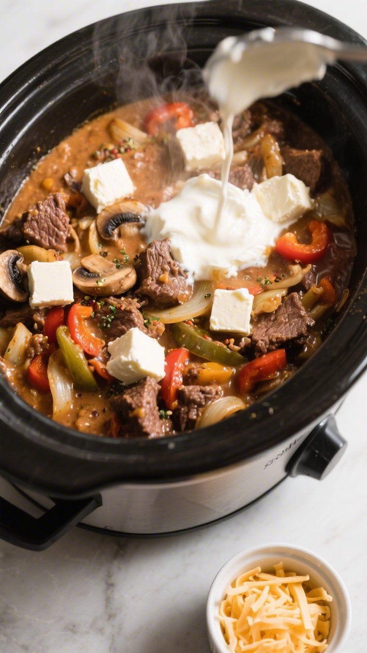 Cooking process shot: Overhead view of the casserole inside the slow cooker just after adding the cr