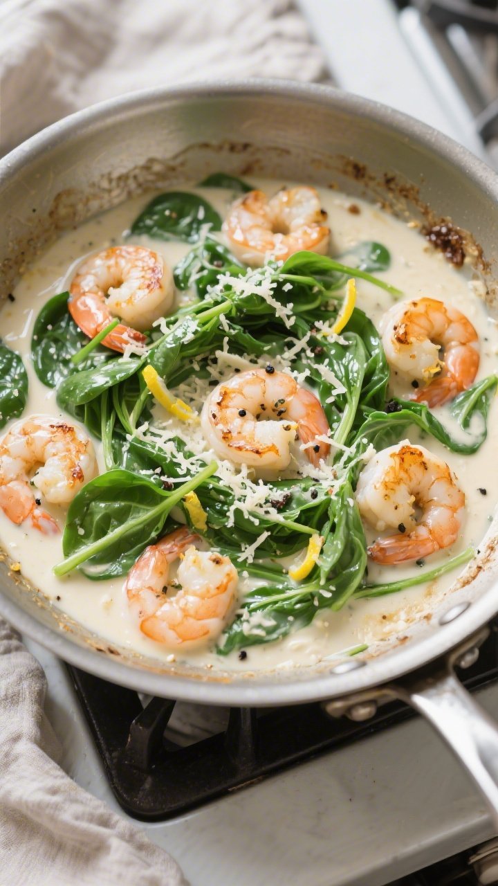 Cooking process shot: Overhead view of the creamy garlic-Parmesan spinach sauce in a wide skillet at