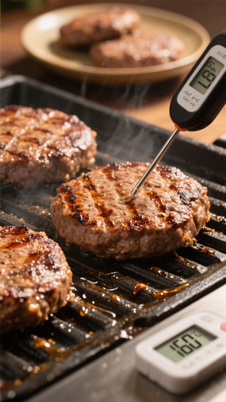 Cooking process shot: patties sizzling on a preheated grill, mid-cook flip captured; well-browned gr