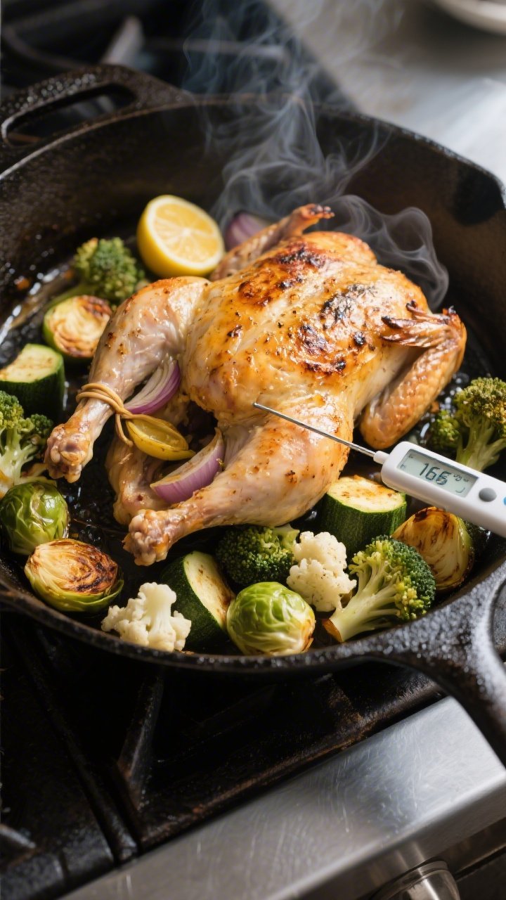 Cooking process shot: Whole chicken in a cast-iron skillet midway through roasting at 425°F, nestle