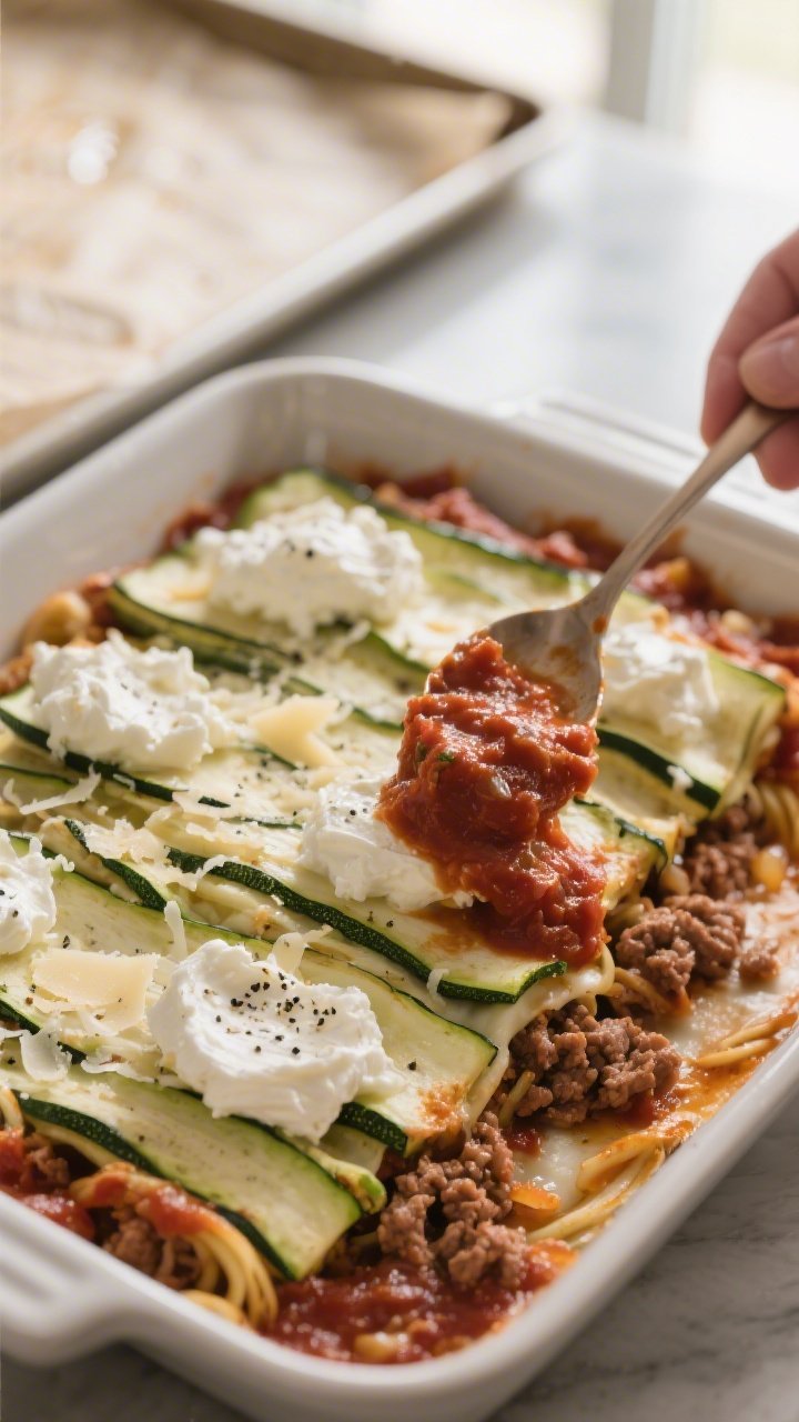 Cooking process, side angle: A 9x13-inch baking dish mid-assembly with neatly layered pre-baked zucc