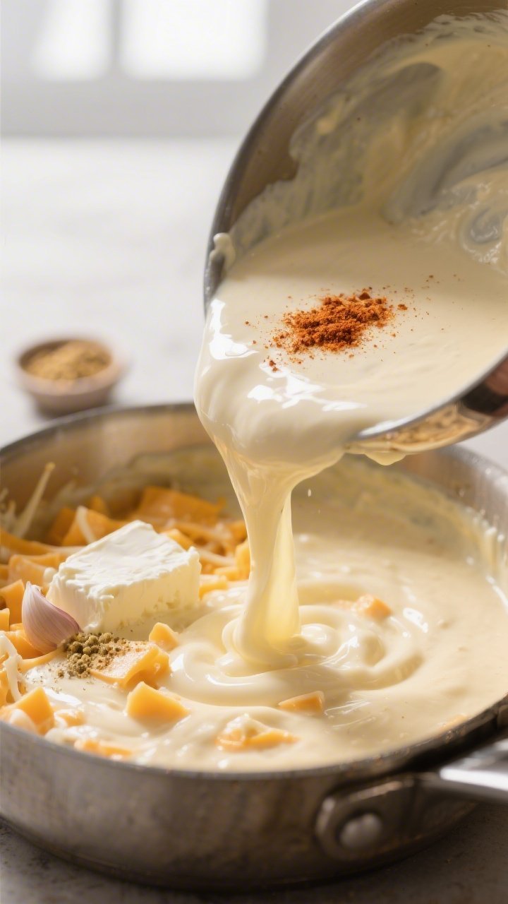 Cooking process: Silky keto cheese sauce in a saucepan mid-stir—heavy cream blended with melted cr