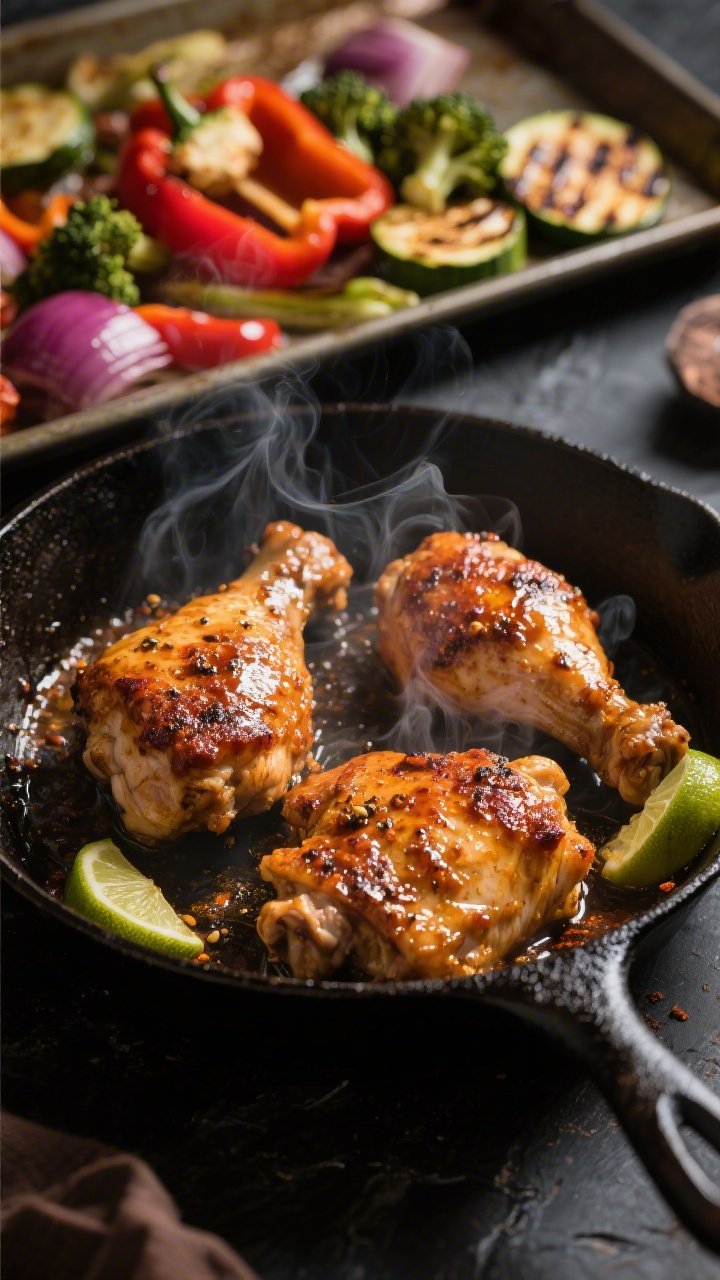 Cooking process: Sizzling chipotle-lime marinated chicken thighs in a cast-iron skillet, deep golden