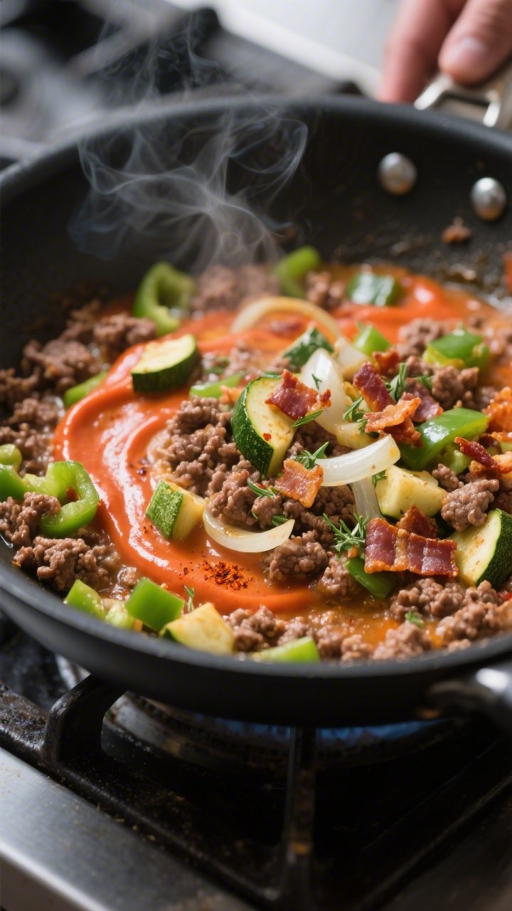 Cooking process, sizzling moment: Close-up of browned ground beef and diced green bell pepper, zucch