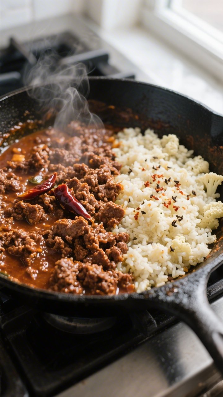 Cooking process, skillet action: Chipotle beef mixture simmering in a large black skillet, glossy an