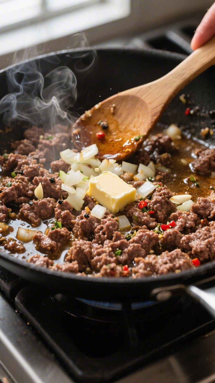Cooking process, skillet action: Close-up of browned ground beef in a large black skillet just after