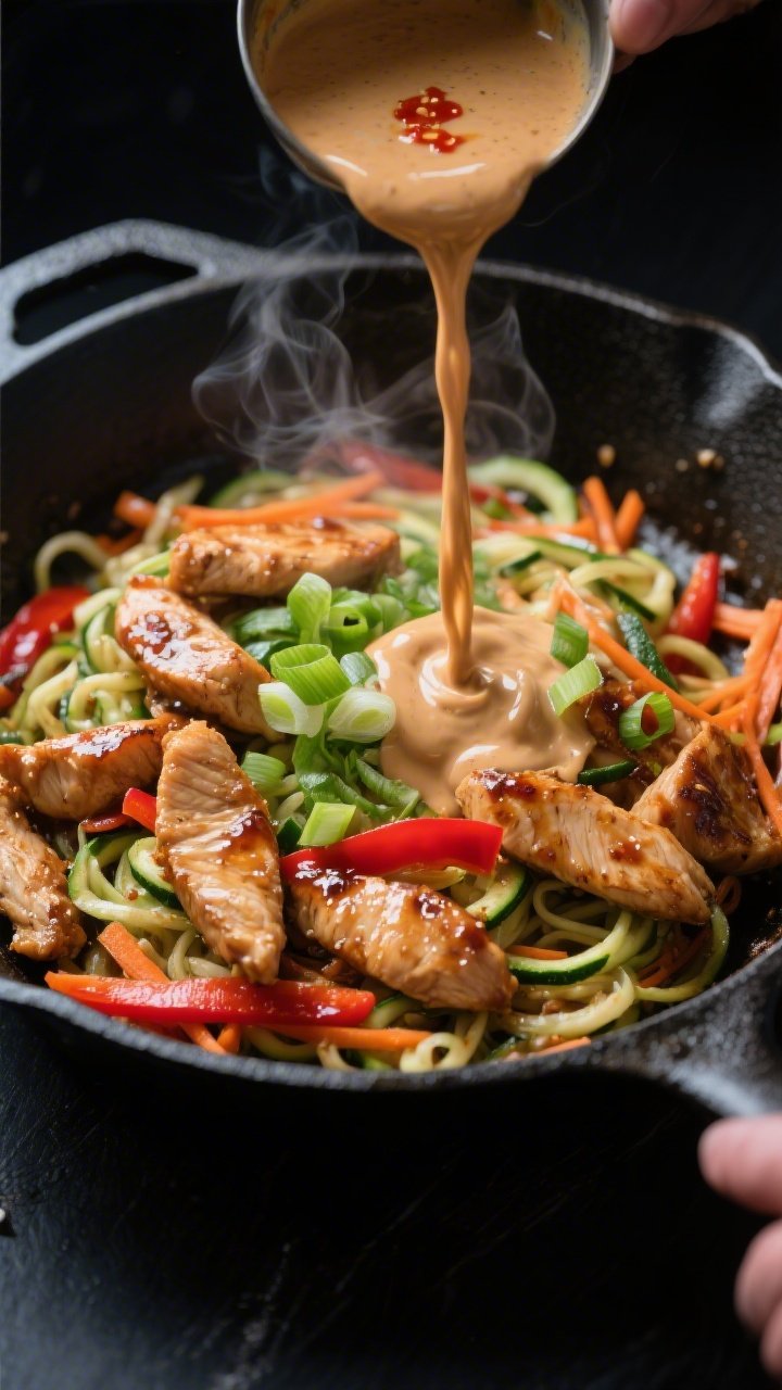 Cooking process, skillet action: Sautéed chicken strips in a large black skillet, browned and gloss