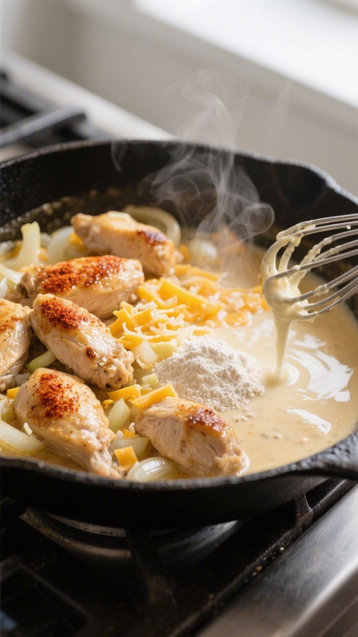 Cooking process, skillet close-up: Sautéed chicken pieces lightly browned with paprika alongside so