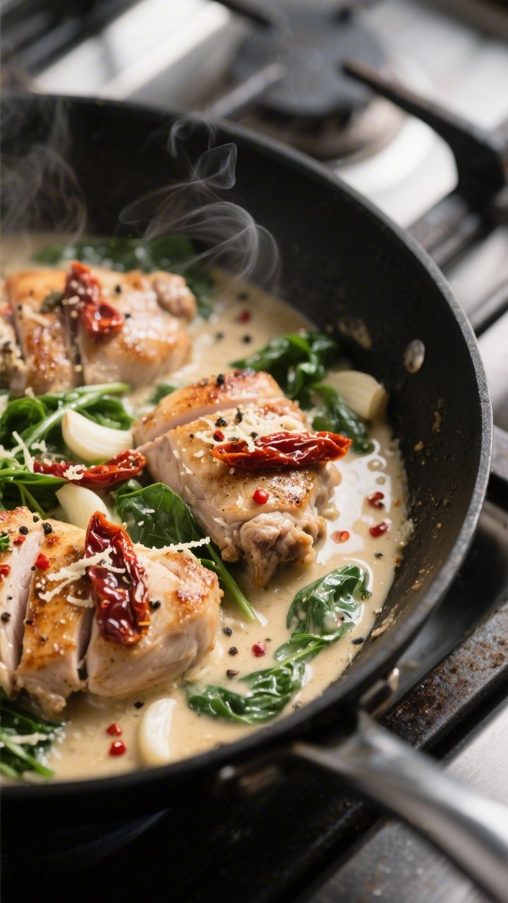 Cooking process, skillet close-up: Sliced seared chicken thighs in a creamy Tuscan sauce simmering i