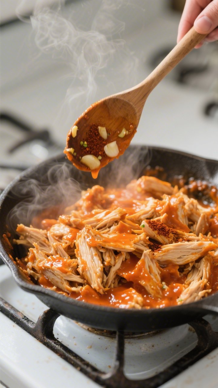 Cooking process: Skillet of shredded cooked chicken sizzling as bright orange buffalo sauce bubbles 