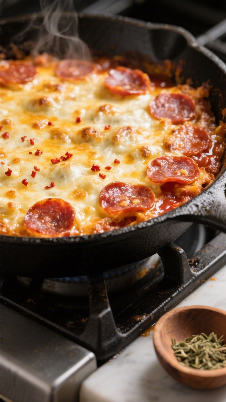 Cooking process — Skillet scene of the keto pepperoni pizza casserole just after broiling: golden,