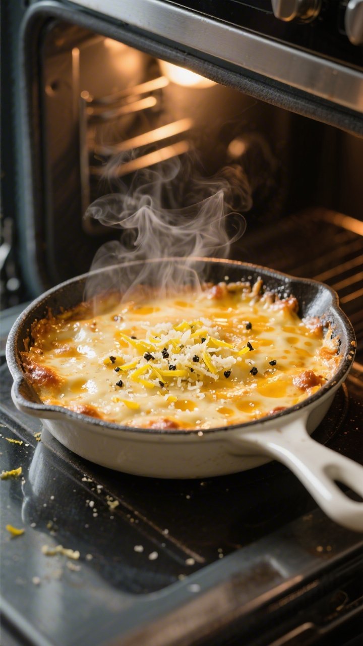 Cooking process: Skillet style variation under the broiler—an enamel cast-iron skillet filled with