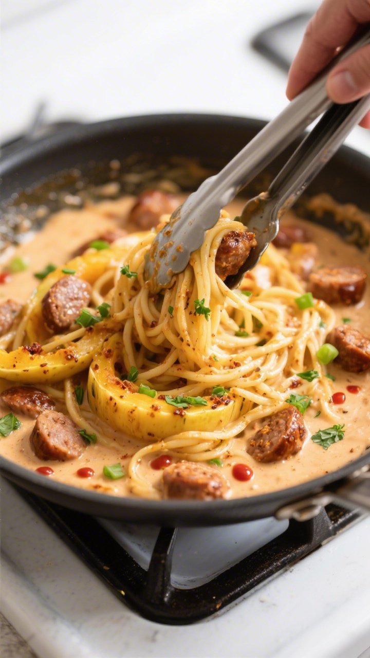 Cooking process: Spaghetti squash strands tossed into the creamy Cajun sauce in a large skillet, ton