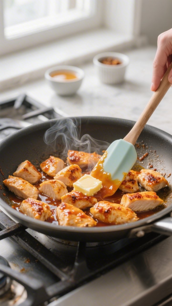 Cooking process, stovetop action: Bite-size chicken breast pieces searing in a wide stainless skille