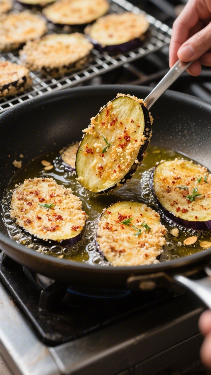 Cooking process: Stovetop scene of eggplant slices shallow-frying in olive oil in a large skillet, m