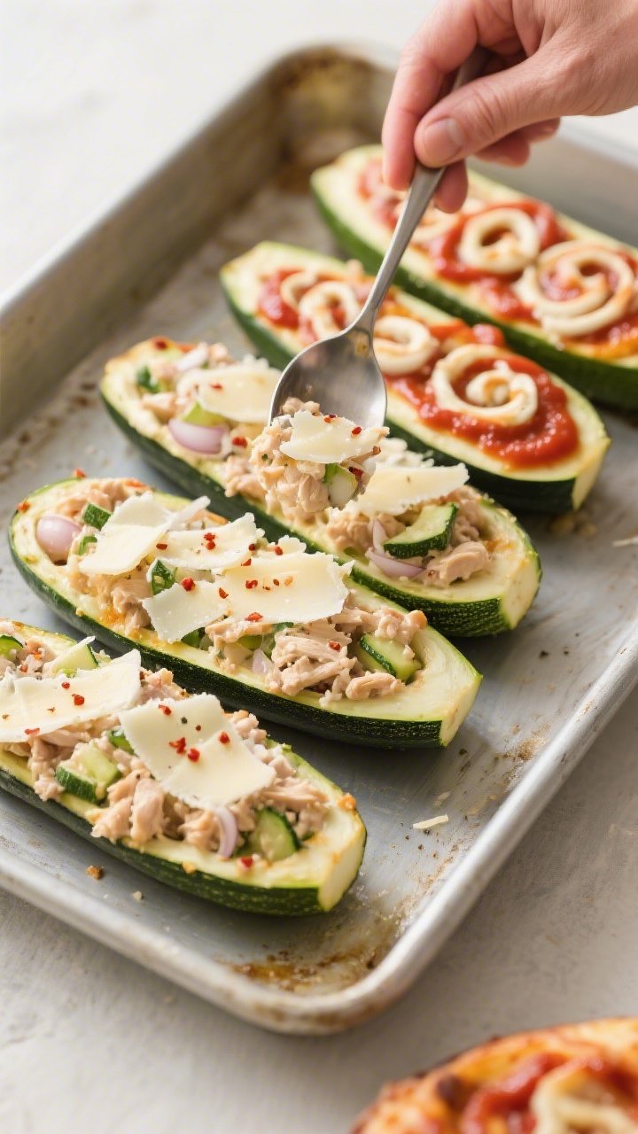 Cooking process: Stuffed zucchini boats being filled and topped in a greased baking dish—spoon pre