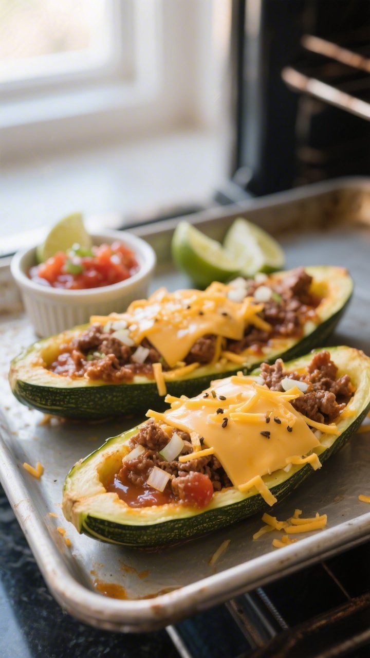 Cooking process: The assembled boats before final melt, taco meat and half the cheese folded into th
