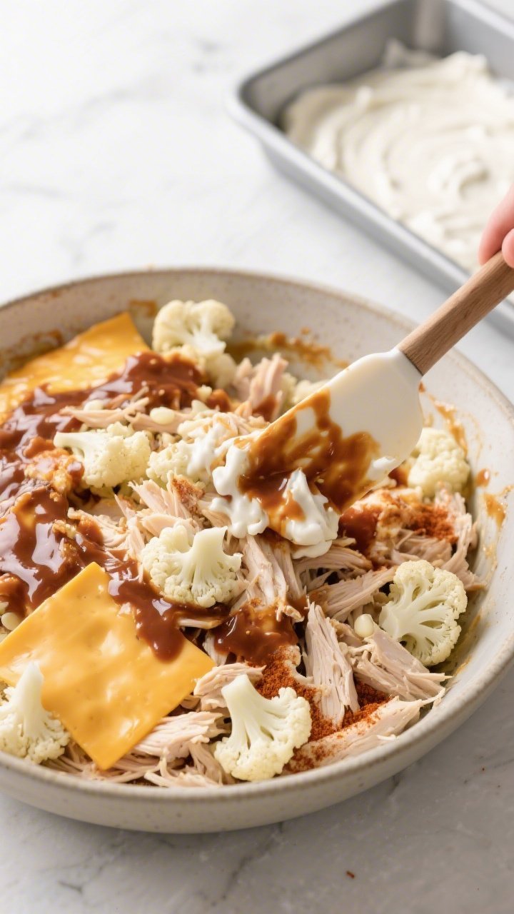 Cooking process: The casserole base being combined in a large bowl—shredded cooked chicken and ten