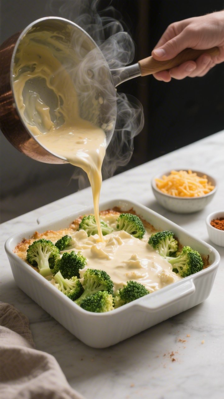 Cooking process: The casserole being assembled in a 9x9 baking dish—steamed, pat-dry broccoli flor
