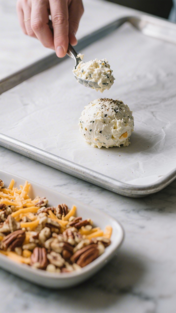 Cooking process: The cheeseball mixture being portioned and rolled after a brief chill—one tablesp