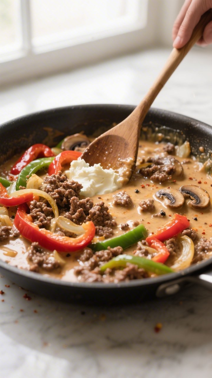 Cooking process: The creamy beef-pepper mixture being stirred together in a large skillet—browned 