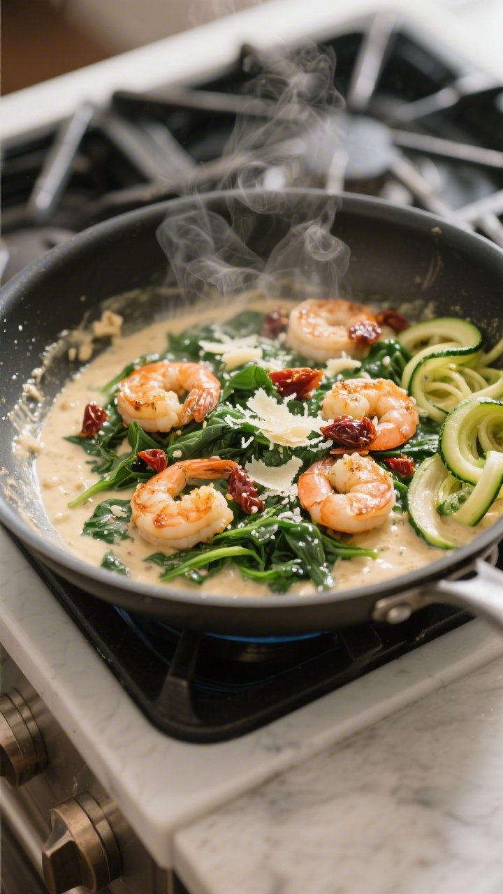 Cooking process: The creamy Tuscan sauce being finished in a wide sauté pan—spinach wilting into 