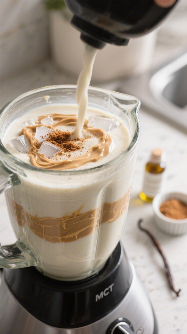 Cooking process: The smoothie mid-blend in a high-speed blender from a 45-degree angle, showing dist